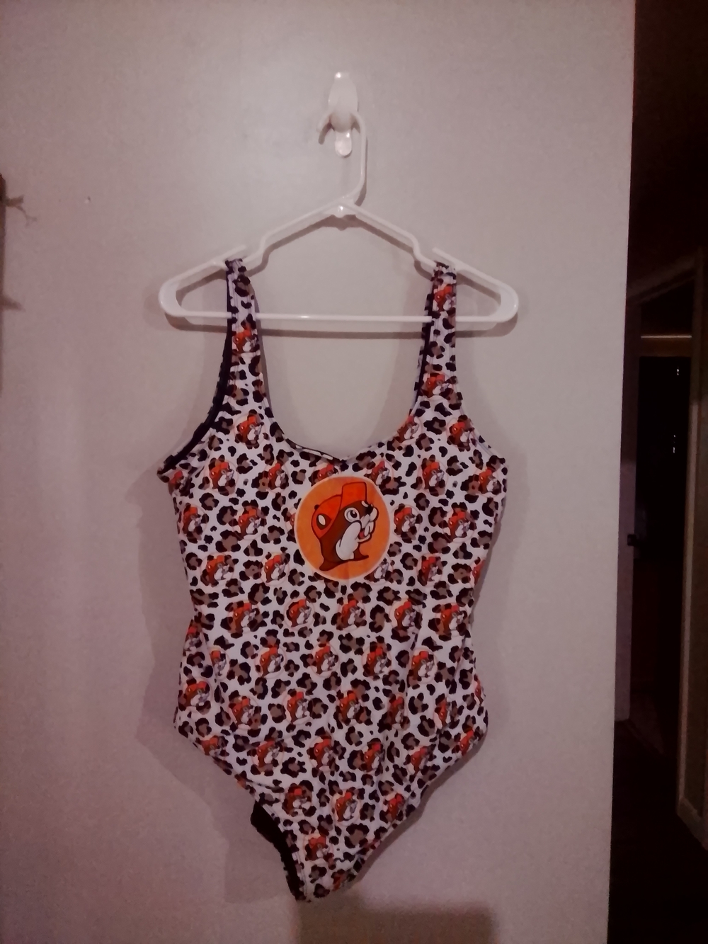White and Orange Leopard-Print Scoop One-Piece Swimsuit with Character Patch